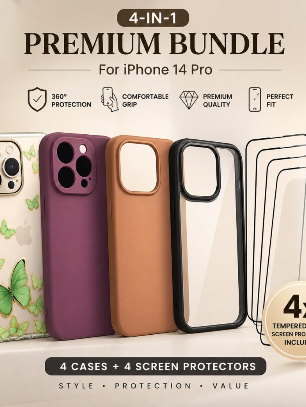 iPhone 14 Pro Protection Bundle - 4 Cases, 4 Screen Protectors